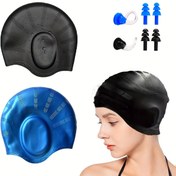 Resim 2 Adet Silikon Yüzme Kapağı, Su Geçirmez, 3D Uyum Tasarımı, Uzun Saçlı Erkekler & Kadınlar İçin, Siyah & Mavi Kapaklar + Kulak Tıkacı Dahil 
