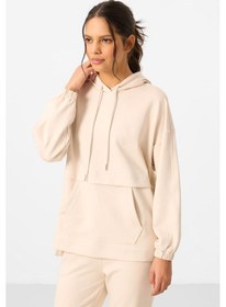 Resim Bej Yumuşak Dokulu Kapüşonlu Oversize Kadın Eşofman Tunik Takım - 95348 Bej 