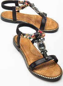 Resim Kadın Düz Topuklu Sandalet Siyah Taşlı Tokalı Tekbant Örgü Baretli-4036 Siyah 