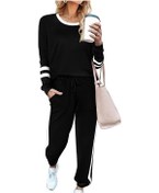 Resim Su Kadın İki Parça Jogging Yapan Kıyafetler Eşofman Takımı Uzun Kollu Kazak Üst Tişörtü Uzun Pantolon Eşofman Siyah 
