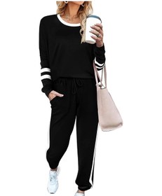Resim Su Kadın İki Parça Jogging Yapan Kıyafetler Eşofman Takımı Uzun Kollu Kazak Üst Tişörtü Uzun Pantolon Eşofman Siyah 