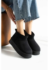 Resim Süet Kadın Kışlık Ev Ve Dışarı Botu Terliği Yüksek Kalın Tabanlı Kışlık İçi Yünlü Tüylü Bootie Siyah 