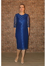 Resim Nidya Moda Büyük Beden Yarım Kol Dantel Elbise-4009Dsx Saks Mavi 