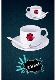 Resim Sevgililer Günü Kalpli Baskılı 2 Li Set Kaşıklı Porselen Çay Kahve Fincan Seti-4 Beyaz 