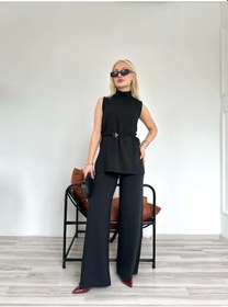 Resim Keymoda Kadın Dik Yaka Bağcıklı Pantolon Takım Siyah Siyah 