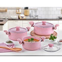 Resim OMS 3027 6 Parça Biogranit Ergonomik Güveç Seti Pembe Gövde - Pembe Detay 