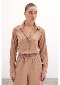 Resim Sateen Desenli Düz Klasik Gömlek - Camel 