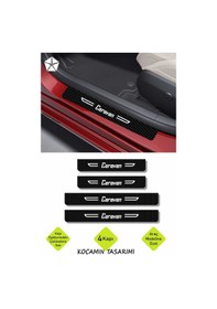 Resim Chrysler Caravan Siyah Karbon Kapı Koruma Yazılı Dekoratif Kapı Eşiği Beyaz Caravan Yazılı 4 Parça Chrysler Caravan Özel 