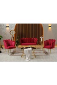 Resim Garden House Zentro Kırmızı Kumaş Metal Gold Ayaklı Ofis Koltuk Takımı Çay Seti Koltuk Takımı 
