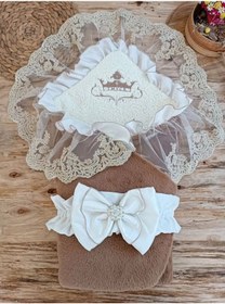 Resim Yenidoğan Wool Yün Kumaş Taç Nakışlı Güpür Duvaklı Fiyonk Prizma Taş Unisex Kundak Bebek Battaniyesi Kahverengi Renkli Çok Renkli 