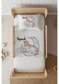 Resim %100 Pamuk Saten İsme Özel İsimli 100x200 Tek Kişilik Lastikli Çarşaf Seti Fil Ve Zürafa Beyaz 