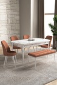 Resim GadaHome Dexa Serisi, 80x130 Açılabilir Mdf Beyaz Mermer Mutfak Masa Takımı, 4 Sandalye, 1 Bench 