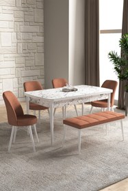 Resim GadaHome Dexa Serisi, 80x130 Açılabilir Mdf Beyaz Mermer Mutfak Masa Takımı, 4 Sandalye, 1 Bench 