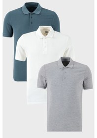 Resim Buratti Pamuklu Regular Fit Düğmeli Polo Yaka 3'Lü Paket Erkek T Shirt 5902127S3 Petrol-Gri Melanj-Beyaz 