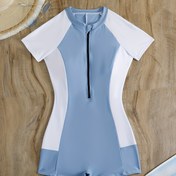 Resim Yarı Kollu, Esnek, Şeffaf Olmayan Kumaş, Fermuar Detayı, Makinede Yıkanabilir, Açık Mavi, Beyaz, Kolsuz, Dört Yönlü, Bikini - Şık Açık Mavi & Beyaz Tek Parça Mayo 