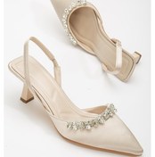 Resim Saten Taşlı Simetrik Kesim Siyah Bej Topuklu Kadın Abiye Ayakkabı-2780-bej 