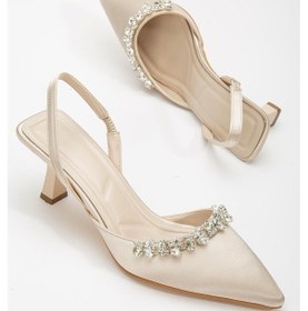 Resim Saten Taşlı Simetrik Kesim Siyah Bej Topuklu Kadın Abiye Ayakkabı-2780-bej 