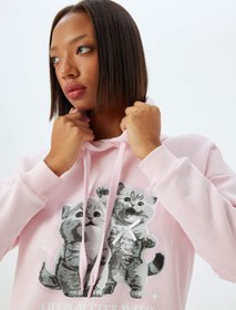 Resim Kedi Baskılı Sweatshirt Kapüşonlu Şardonlu Rahat Kalıp 