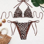 Resim Kadınlar için Dantelli Bağcıklı Yanlara ve Örgü Kumaşa Sahip Yüksek Esnek Leopar Desenli Bikini Seti - Yüzme İçin Polyester Karışımlı İki Parçalı Mayo 