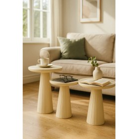 Resim Modern Krem Ahşap Mantar Sehpa 3’lü Set – Zarif Fiskos Sehpa Takımı 