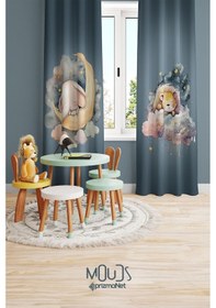 Resim Uykucu Fil Aslan Desenli Fon Perde Çocuk Ve Bebek Odası Süet Baskılı Ekstrafor Büzgü 2 Kanat Prd-64 Çok Renkli 