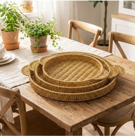 Resim Bucuks İç İçe Geçebilen 3 Lü Yuvarlak Plastik Rattan Tepsi Seti-hasır Görünümlü Çok Amaçlı Servis Ve Sunum Tepsileri 