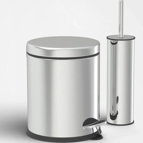 Resim Megaw Paslanmaz 5 Lt Çöp Kovası Klozet Fırçası 2'li Banyo Seti Parlak 