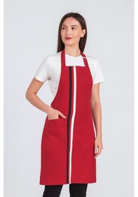 Resim Kadın Boyundan Asmalı Çizgili Barista Şef Mutfak Önlüğü 60x85 Cm Kırmızı 