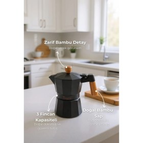 Resim Feyza Design Bambu Garen Moka Pot 3 Fincan Siyah, Şık ve Kullanışlı Kahve Demleme Aracı 