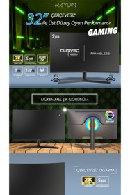 Resim Raydın RAYDIN G32VA170Q 32" 1ms 170Hz 2K HD HDMI DP Hoparlör VA LED Curved Yükseklik Ayarlı Gaming Monitör 