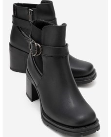 Resim Luvishoes Luvi Shoes Heile Siyah Cilt Tokalı Kadın Kalın Topuklu Bot Siyah 