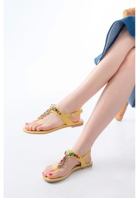 Resim 152-1110 Sarı Multi Taşlı Parmak Arası Kadın Sandalet Sari 