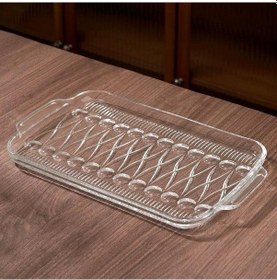 Resim Çapraz Hasır Desen Cam Tepsi Sunumluk Meyvelik 33 20 Cm Şeffaf 