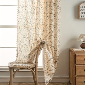 Resim 1 Adet Çiçek Desenli Püskül Perde, Deliksiz Askılı Cep Perdesi - Çiftlik Evi Dekoru, Yatak Odası, Oturma Odası, Balkon, Çalışma Odası, Yemek Odası ve Oda Bölücü için Uygun - Tüm Mevsimlerde Kullanım 