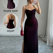 Resim Kadınlar İçin Şık Yüksek Esneklikli File & Düz Renk Bodycon Elbise - Ayarlanabilir Sırtı Açık Uzun Kolsuz Parti Elbisesi, Makinede Yıkanabilir Her Mevsim Resmi ve Günlük Giyim, Çok Yönlü Moda, Çift File Detaylı 