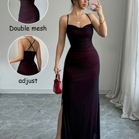 Resim Kadınlar İçin Şık Yüksek Esneklikli File & Düz Renk Bodycon Elbise - Ayarlanabilir Sırtı Açık Uzun Kolsuz Parti Elbisesi, Makinede Yıkanabilir Her Mevsim Resmi ve Günlük Giyim, Çok Yönlü Moda, Çift File Detaylı 