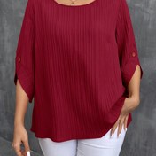 Resim Plus Beden - Kadınlar İçin Yeşil Büzgülü Düğmeli Bluz - Rahat Kısa Kollu Gömlek, Yuvarlak Yaka, Hafif Polyester, İlkbahar & Yaz İçin Mükemmel, Bayan Bluzları 