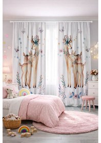 Resim Bebek Çocuk Odası Çift Kanatlı Fon Perde Anne Yavru Geyik Desenli 
