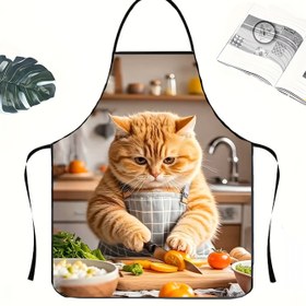 Resim 1 adet Komik Pişirme Kedisi Karikatür Önlük - Polyester Kumaş, Sevimli Zencefil Kedi Tasarımı ile Mutfak Araçları, Yetişkin Boyutu, Sadece Elde Yıkama, Pişirme Kıyafeti | Canlı Baskılı Önlük | Parlak Kumaş 