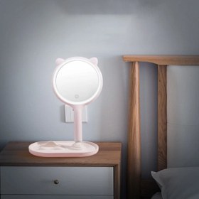 Resim Kedi Kulaklı Telefon Standlı Yuvarlak Dokunmatik LED Ayarlı Masa Üstü Makyaj Aynası 