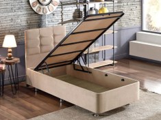 Resim Niron Yatak Polo Tek Kişilik Sütlü Kahve Baza + Başlık 90 x 190 cm 