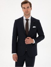 Resim Cacharel Lacivert Slim Fit Mikro Desenli Mono Yaka Yün Karışımlı Takım Elbise 