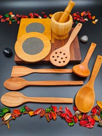 Resim SWENCRAFT Ahşap Mutfak Servis Kaşık Spatula Kepçe Havan Nihale Kevgir 10'lu Çeyiz Seti Annelere Özel 