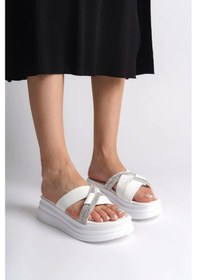 Resim Ruby Düz Topuklu Taşlı Çapraz Şeritli Kalın Ve Ortopedik Taban Kadın Terlik Bt - Beyaz Beyaz 