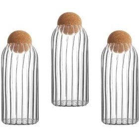 Resim Qerhome 3 Adet Top Mantar Kapaklı Çizgili Cam Kavanoz Ve Baharatlık Seti 700 Ml Şeffaf 
