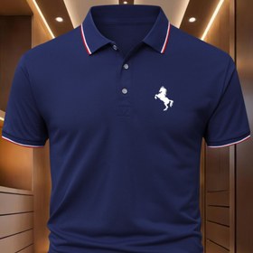 Resim Erkekler için rahat kısa kollu polo tişört - Siyah beyaz ve kırmızı kontrast yaka, geometrik at baskısı, spor ve rahat kıyafetler için nefes alabilen yaz golf tişörtü, şık tişört, spor tişört, şık kontrast yaka, dayanıklı düğmeli polo 