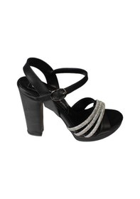 Resim Yazkış Kadın Siyah Gümüş Rugan 3bantlı Taşlı 10cm Kalın Topuk 2cm Platform Topuk Abiye Ayakkabı Siyah 