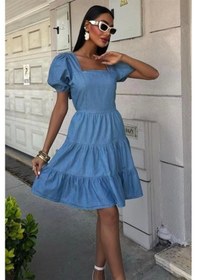 Resim Defymoda Kare Yakalı Ve Gipe Detaylı Tensel Elbise 2883 Açık Mavi 