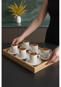 Resim Atbyhome Aden Bambu Tepsili 6 Kişilik Türk Kahvesi Fincan Takımı Seti Beyaz 