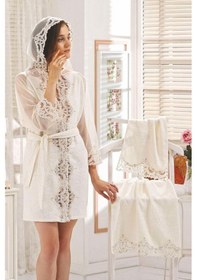 Resim Venüs Krem Dantelli Çeyizlik Balayı Gelin Bayan Bornoz Seti Krem 